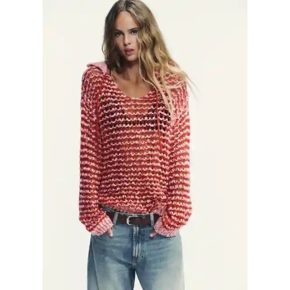 Zara Red Pink Striped Alpaca Blend Knit Sweater V-Neck L Preppy Eclectic Boho